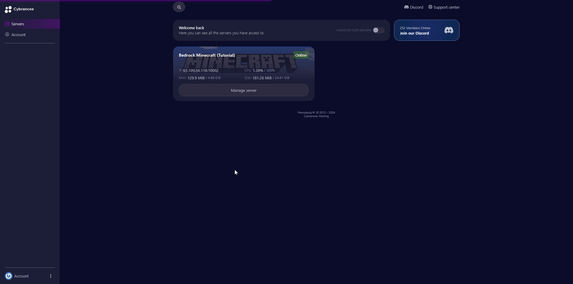Cybrancee panel, manage Minecraft Bedrock server