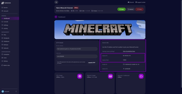 Cybrancee panel Minecraft Fabric dashboard, with server information outlined