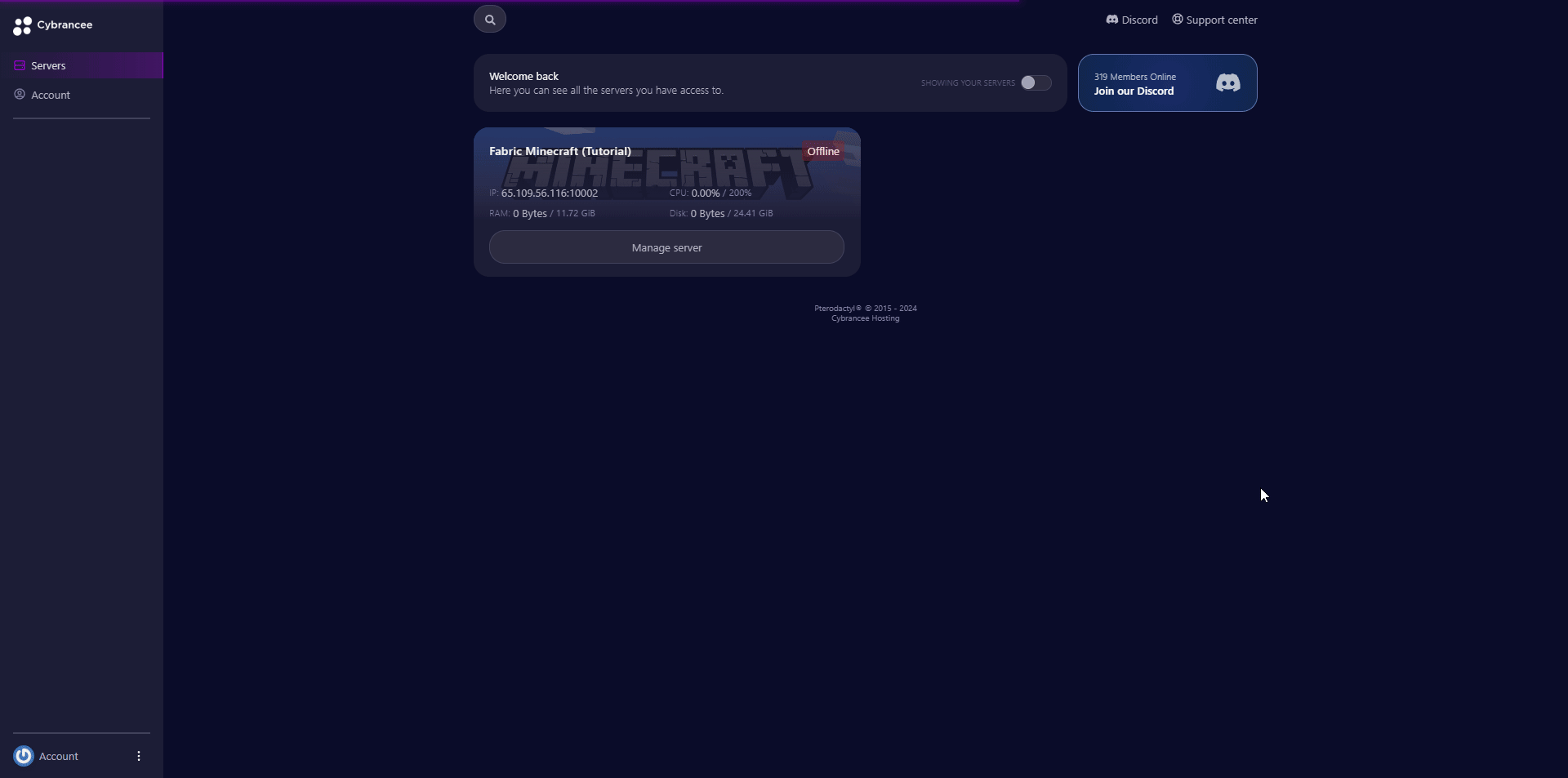 Cybrancee panel Minecraft Fabric manage server