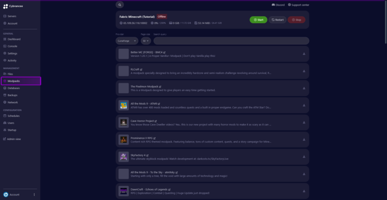 Cybrancee panel Minecraft Fabric Modpacks page, with Modpacks tab outlined