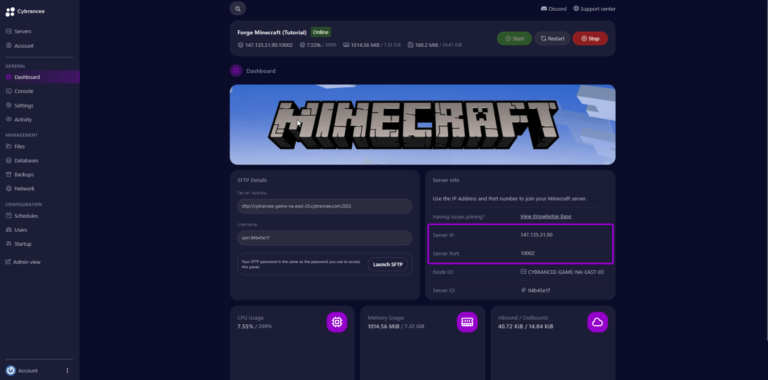Cybrancee panel Minecraft Forge dashboard, with server information outlined