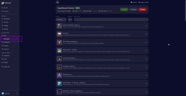 Cybrancee panel, Minecraft Forge Modpacks page