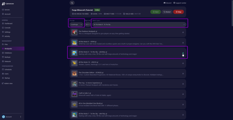 Cybrancee panel, Minecraft Forge Modpacks page, with details outlined
