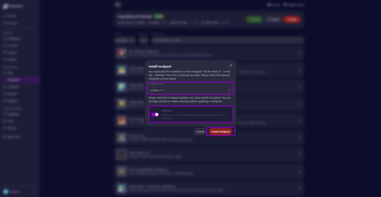Cybrancee panel Minecraft Forge Modpacks page, with install modpack modal