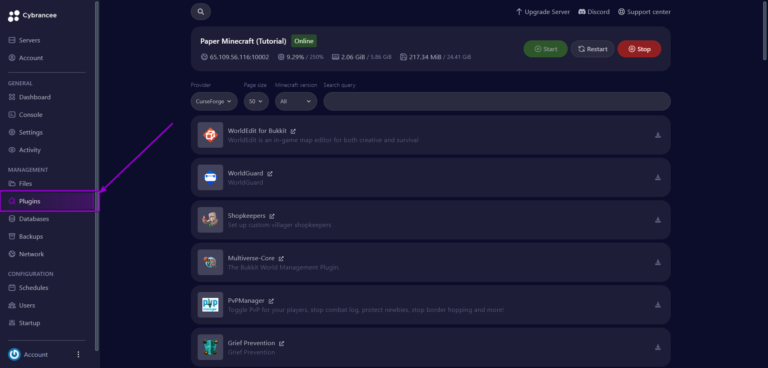 Cybrancee panel Minecraft Paper Plugins page, with Plugins tab outlined