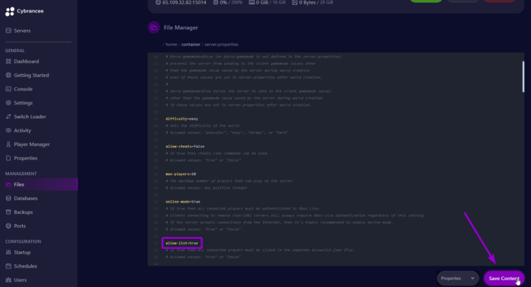 Cybrancee panel Minecraft server.properties file, with allow-list outlined and save content button outlined