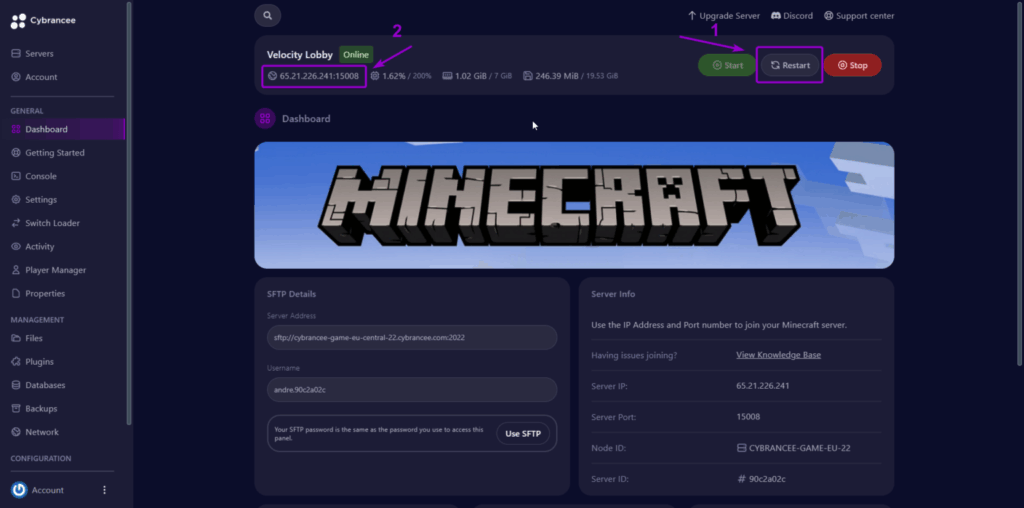 Cybrancee panel Minecraft Velocity dashboard with ip, port and server controls outlined