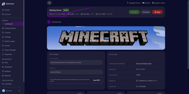 Cybrancee Minecraft Velocity dashboard, with server ip and port outlined