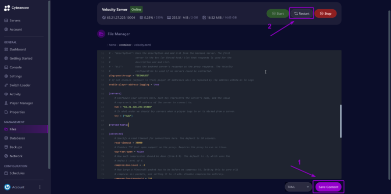 Cybrancee Minecraft velocity.taml file, save content and server control buttons outlined