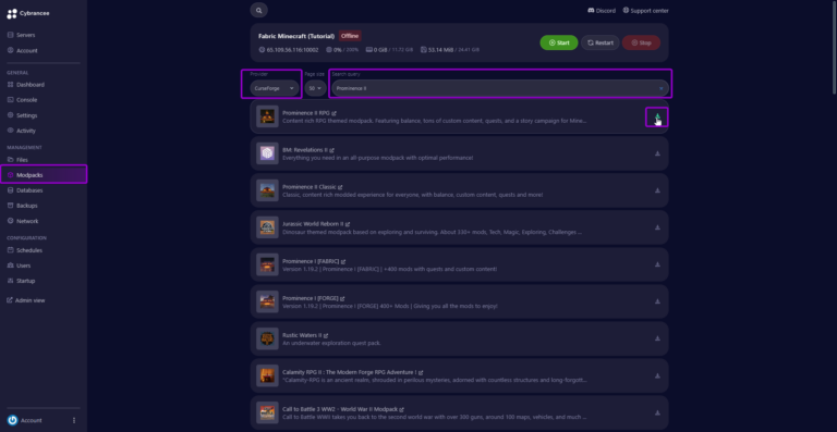 Cybrancee panel modpacks screen, CurseForge Prominence 2 RPG search
