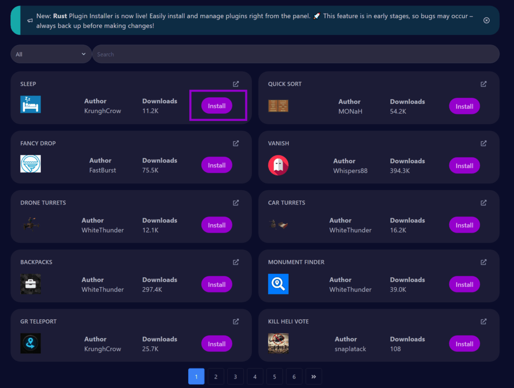 cybrancee panel page Rust plugins tab with install plugin button outlined