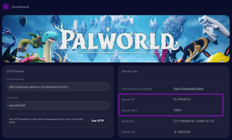 Cybrancee panel Palworld dashboard, with server info outlined
