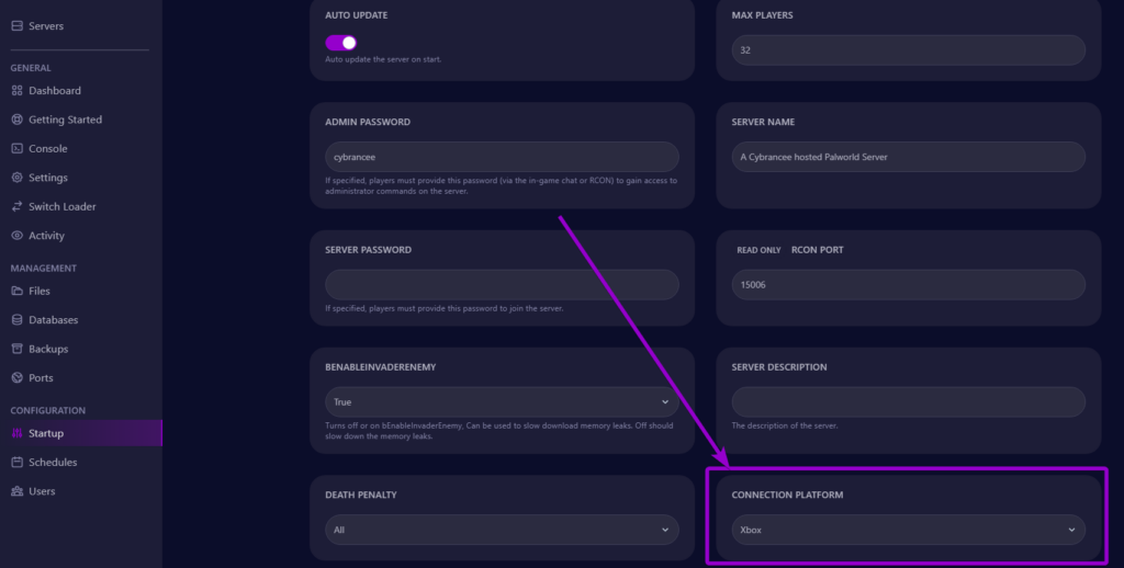 Cybrancee panel Palworld startup page, with connection platform dropdown outlined