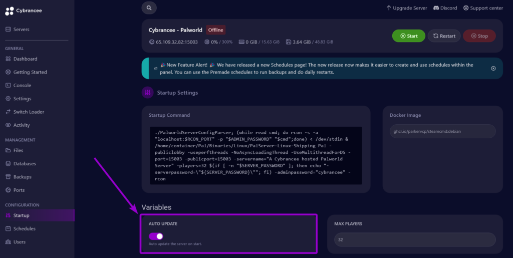 Cybrancee panel Palworld startup page, with auto update option outlined
