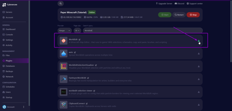 Cybrancee panel plugins screen, with WorldEdit plugin outlined