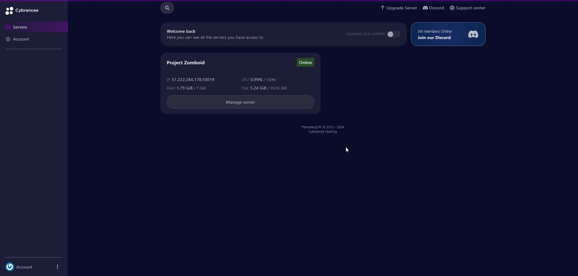 Cybrancee panel, manage Project Zomboid server