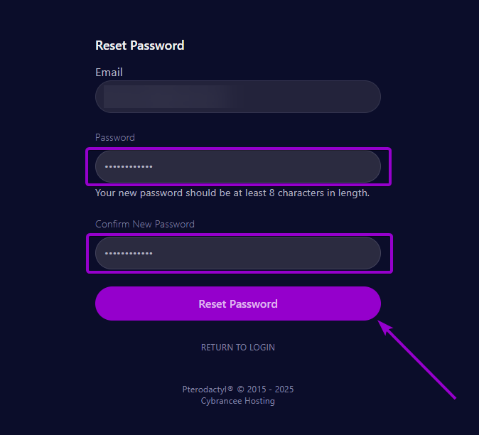 Cybrancee panel reset password screen, with password fields outlined