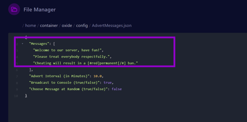 cybrancee Panel Rust server plugin config file with advert messages outlined