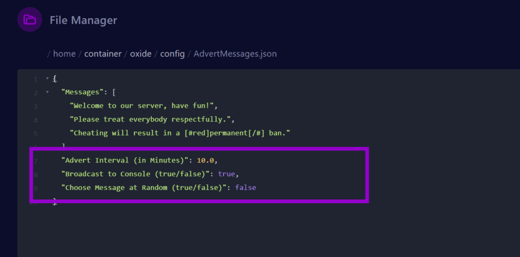 cybrancee Panel Rust server plugin config file with advert messages settings outlined