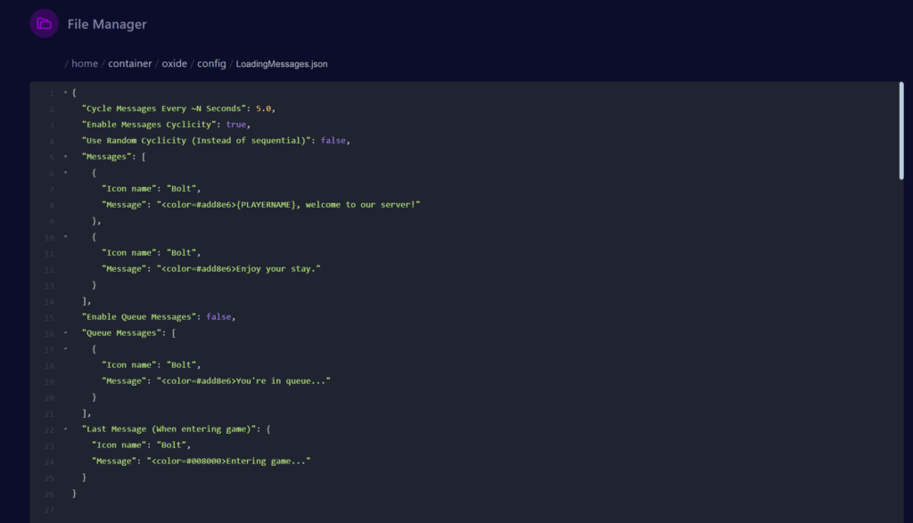 Cybrancee panel Rust server LoadingMessages plugin config file