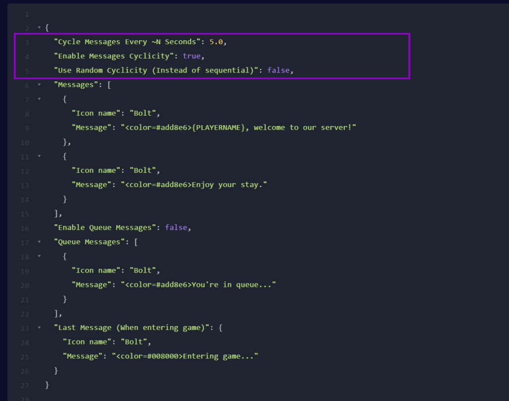 Section of the Rust plugin configuration for adjusting or editing the loading messages displayed to players