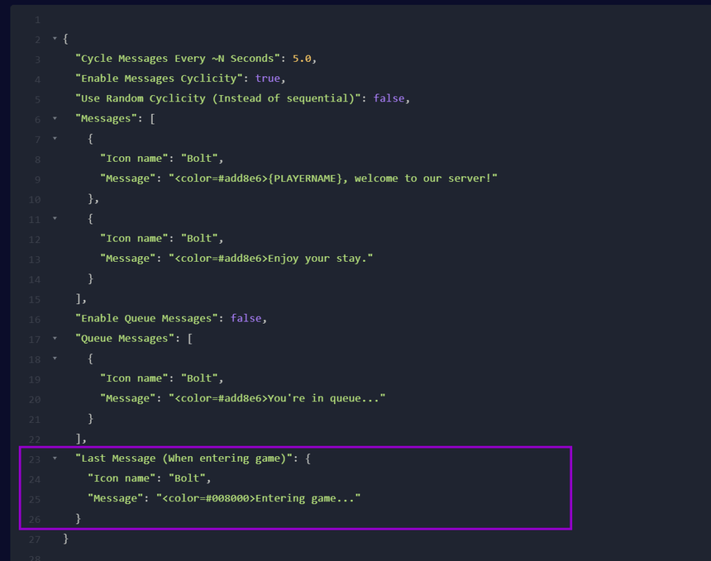 Section of the Rust plugin configuration for the ‘Last Message’ displayed when a player is entering the game
