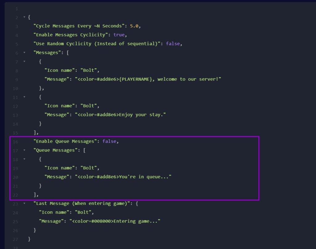 Section of the Rust plugin configuration for customizing messages shown to players in the queue