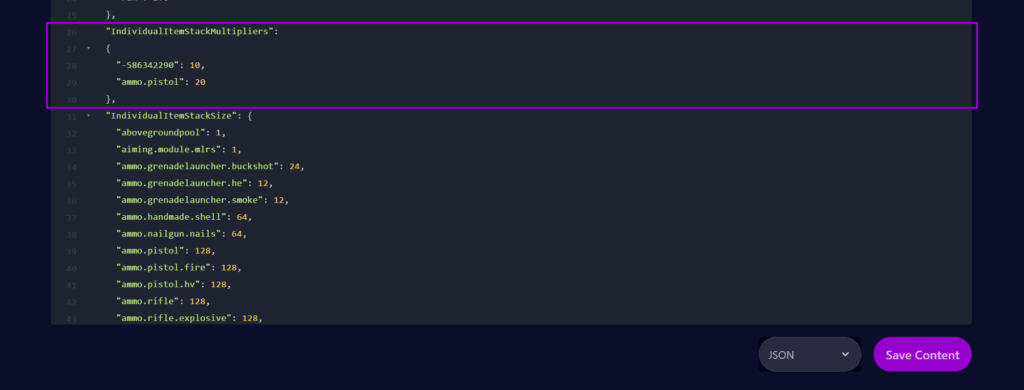 cybrancee panel Rust server plugin config Stack size controller config file with individual items stack multiplier section outlined