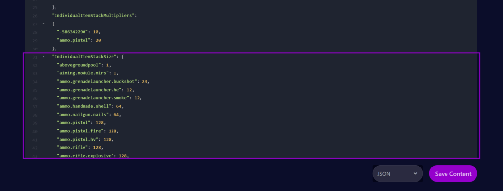 cybrancee panel Rust server plugin config Stack size controller config file with individual stack size section outlined