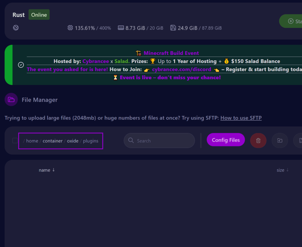 Cybrancee panel Rust server plugin file open directory outlined