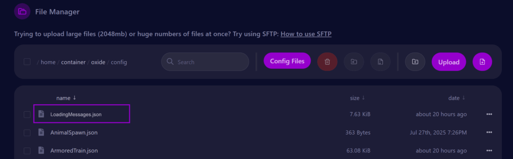 Cybrancee panel showing the Rust server with the LoadingMessages config file and outlined