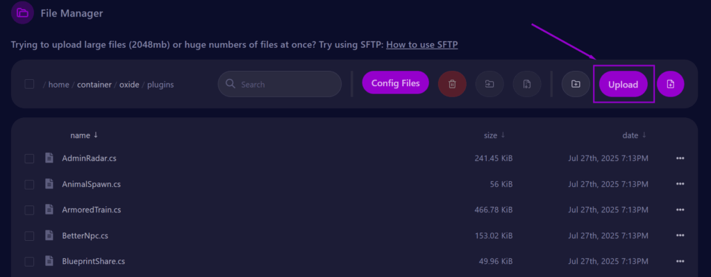 Cybrancee Panel Rust Server Plugins Tab with Upload Plugin Button Outlined