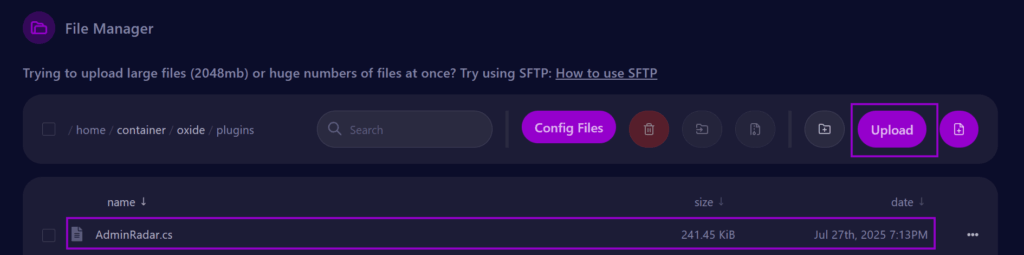 cybrancee Panel Rust Server with plugin successfully uploaded Oulined