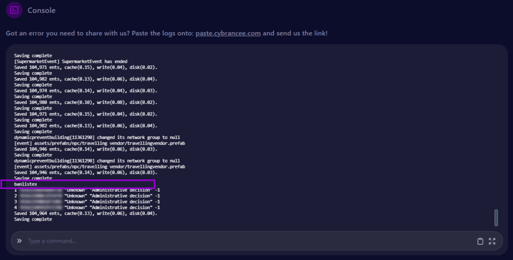 Cybrancee panel showing the Rust Console tab with the Banlist command outlined