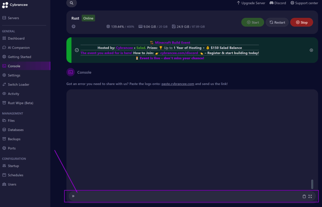Cybrancee Panel Rust Startup Page with Console Tab and Console Field Outlined