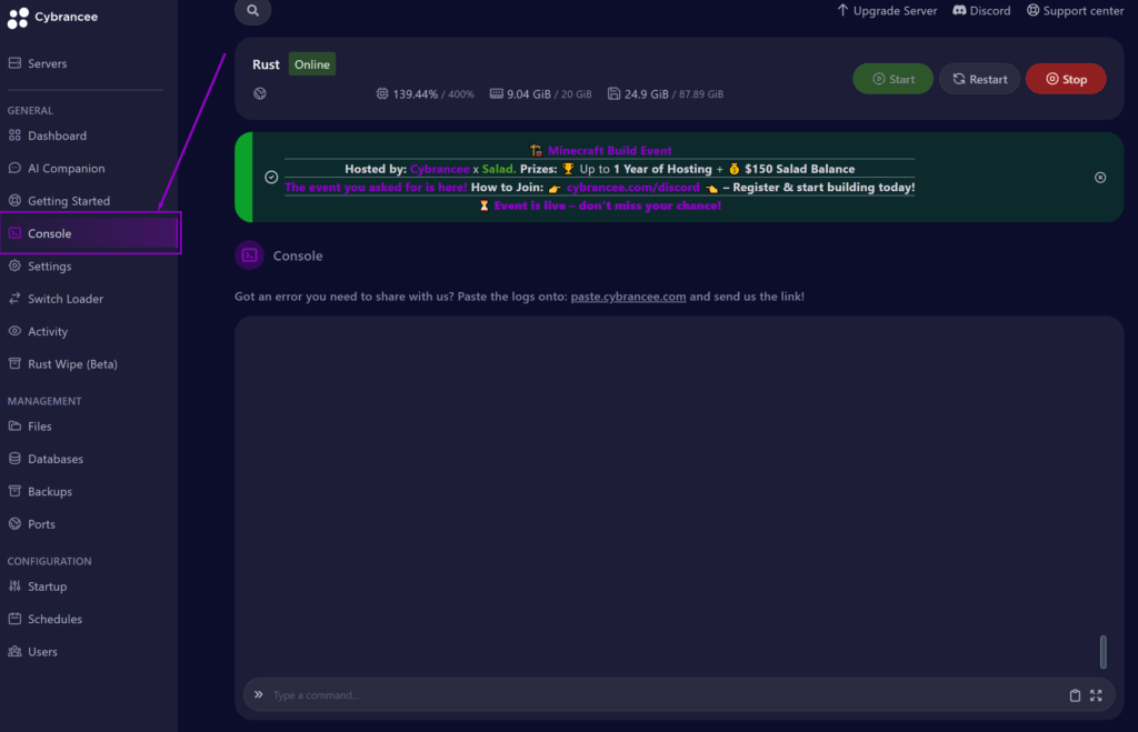 Cybrancee panel showing the Rust startup page with console tab outlined