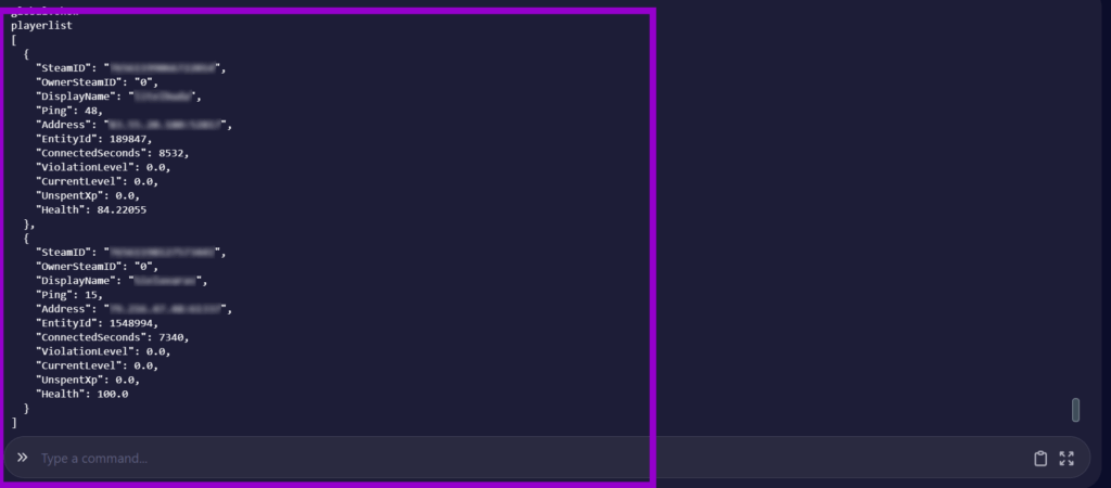 Cybrancee panel Rust startup page console tab with playerlist command info outlined