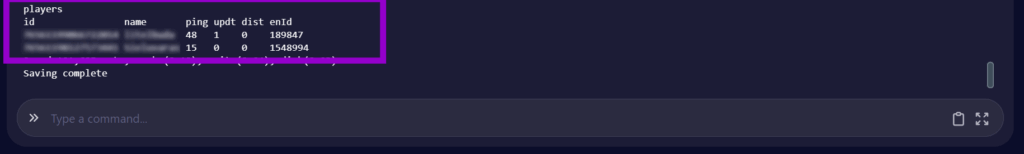 Cybrancee panel Rust startup page console tab with players command info outlined