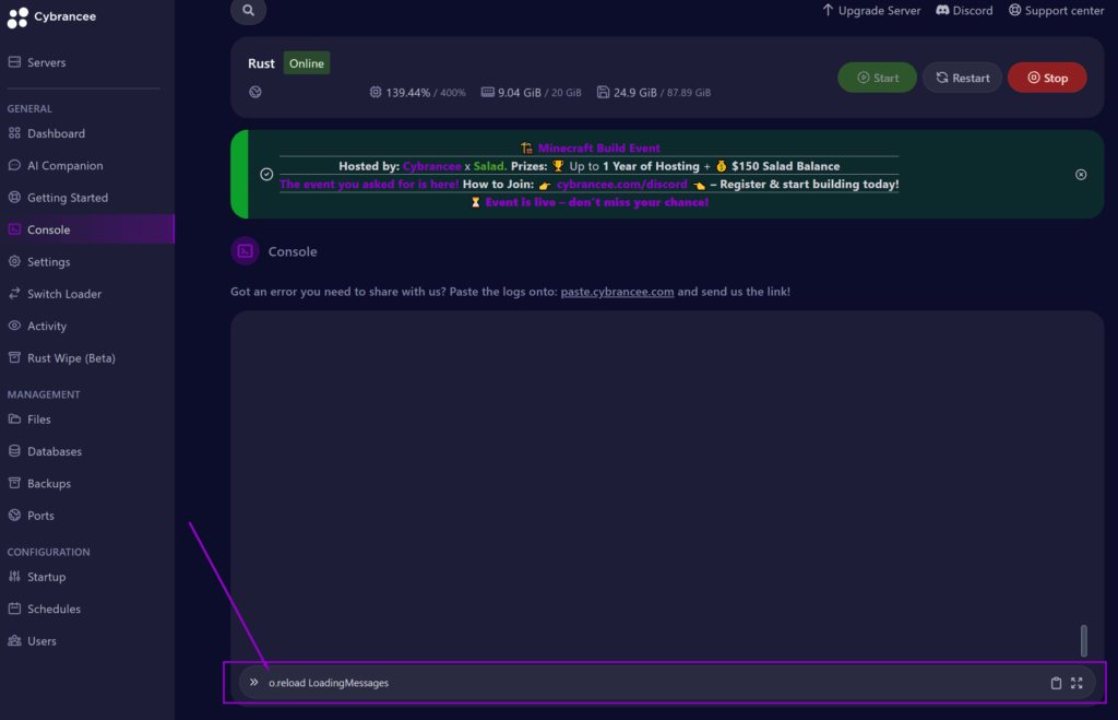 Cybrancee panel showing the Rust startup page console tab with the reload command outlined
