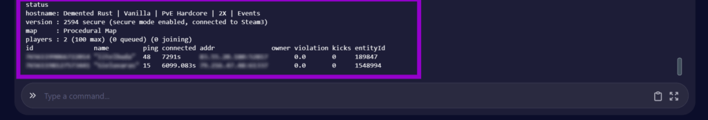 Cybrancee panel Rust startup page console tab with status command info outlined