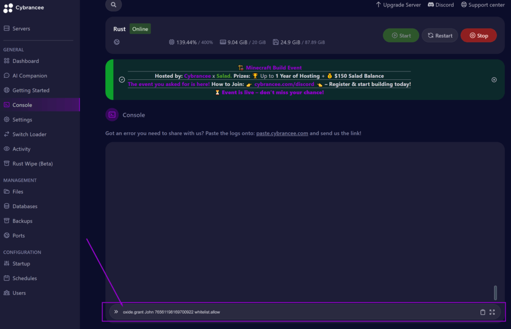 Cybrancee Panel Rust Startup Page Console Tab with Whitelist Allow Permission Outlined