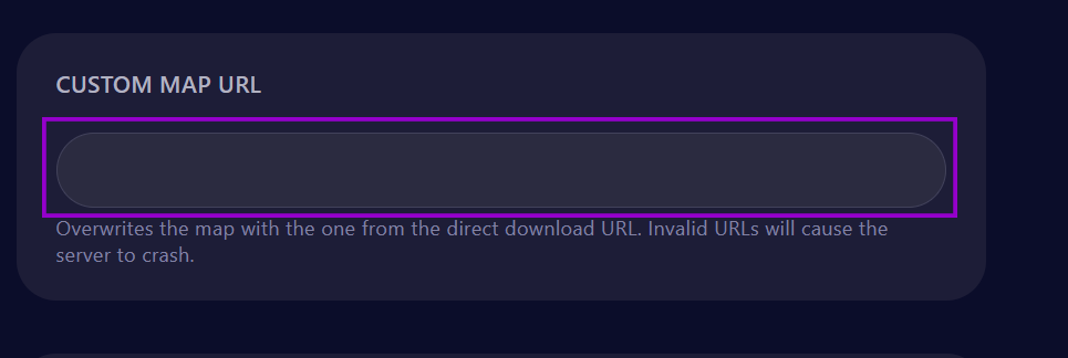 cybrancee anel Rust startup page with custom map URL field outlined