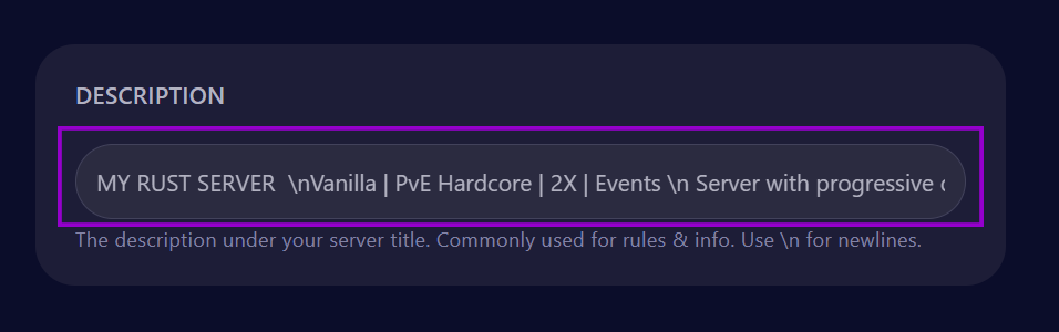 cybrancee Panel Rust Startup Page Description Field Outlined
