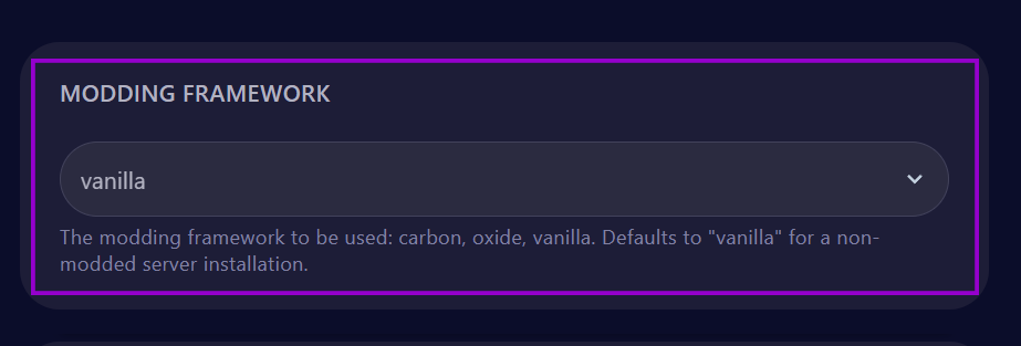 Cybrancee panel showing the Rust startup page with the modding framework option outlined