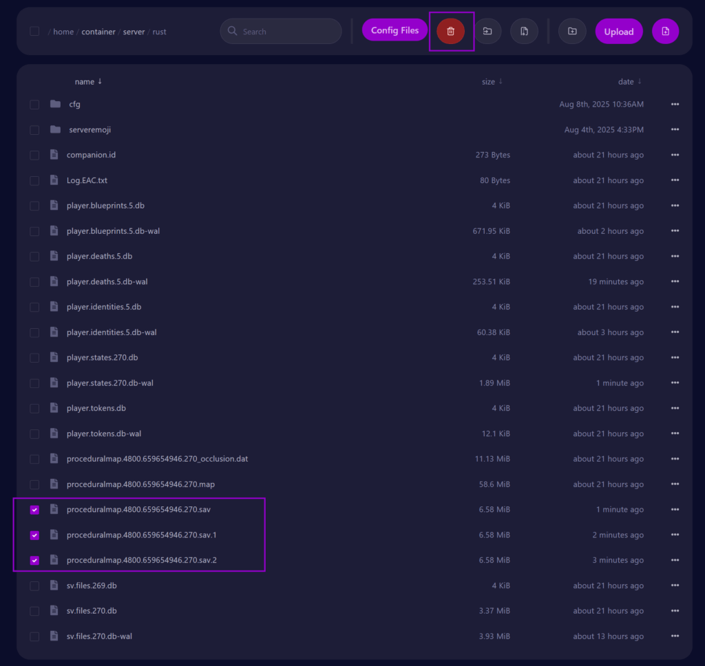 Cybrancee Panel Rust Startup Page Rust File Tab with Maps Files Selected and Delete Button Outlined