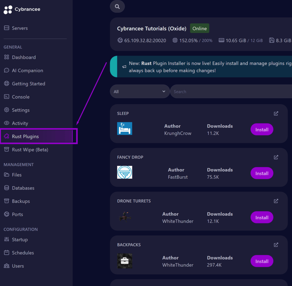 cybrancee panel with Rust plugins tab Outlined