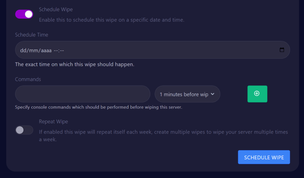 Cybrancee panel with Rust Wipe tab showing the Schedule Wipe options