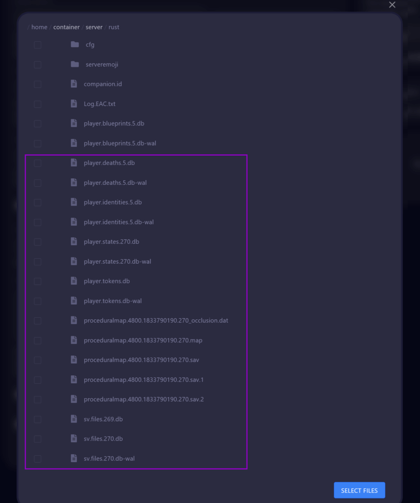 Cybrancee panel with Rust Wipe tab showing the Select Files options