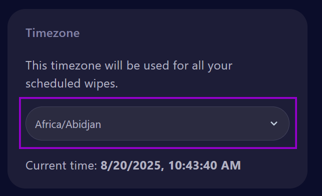 Cybrancee panel with Rust Wipe tab showing the Server Details section for setting the timezone