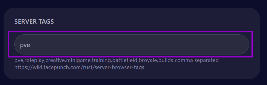 Cybrancee panel rust startup page with server tags field outlined